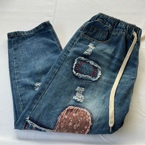 Selling Paint 3/4 Length Cropped Patch Detail Pull On Loose Fit Jeans L